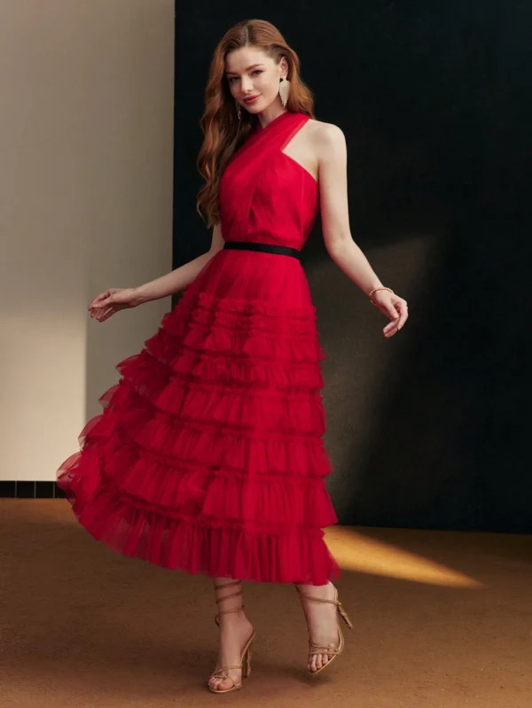 MOTF Premium Tiered Mesh Ruffle Hem Dress